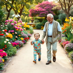 A heartwarming scene depicting a little boy holding hands with his grandfather as they walk together in a beautiful garden
