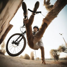 An adventurous person riding a bicycle upside-down, their head near the pedals and legs up in the air.