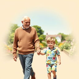 A heartwarming scene of a young boy holding hands with his grandfather as they walk towards a beautiful garden