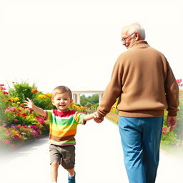 A heartwarming scene of a young boy holding hands with his grandfather as they walk towards a beautiful garden