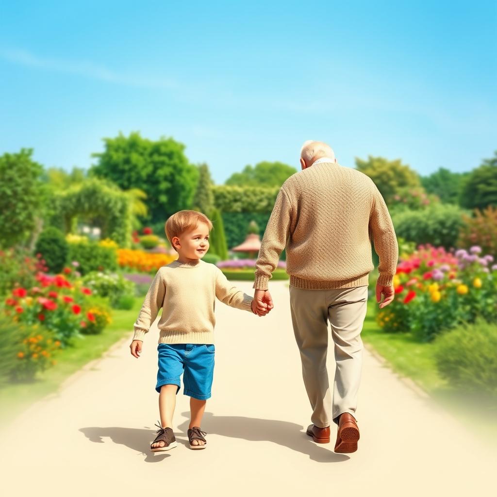 A heartwarming scene of a young boy holding hands with his grandfather as they walk towards a beautiful garden