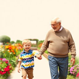 A heartwarming scene of a young boy holding hands with his grandfather as they walk towards a beautiful garden