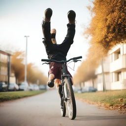 An adventurous person riding a bicycle upside-down, their head near the pedals and legs up in the air.