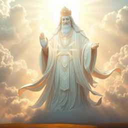 A colossal, majestic figure representing a white deity, illuminated by radiant light