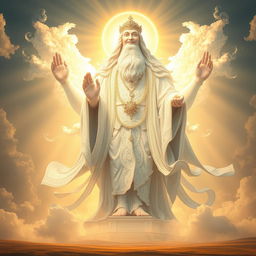 A colossal, majestic figure representing a white deity, illuminated by radiant light