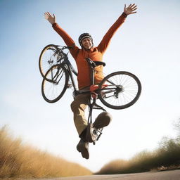 An adventurous person riding a bicycle upside-down, their head near the pedals and legs up in the air.