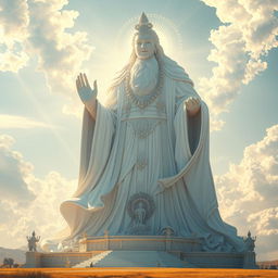 A colossal, majestic figure representing a white deity, illuminated by radiant light