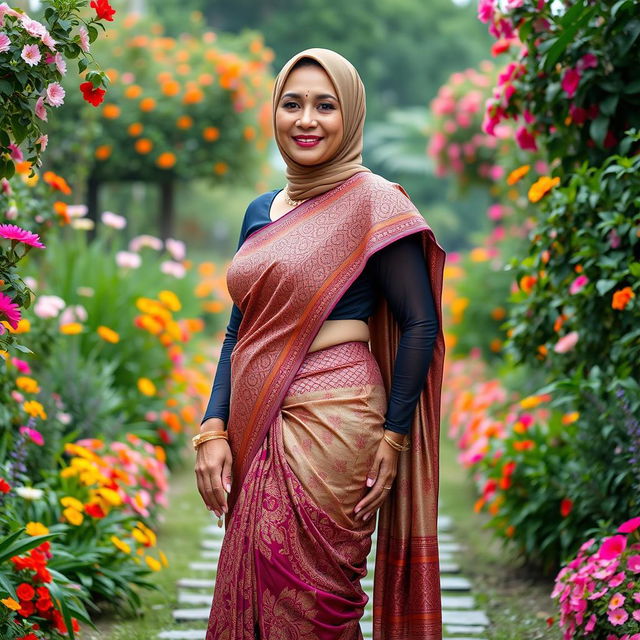 A full-body portrait of a mature Muslim woman radiating confidence, dressed in a tight, sexy saree that elegantly fits her figure, emphasizing her curves with measurements of 36-28-38