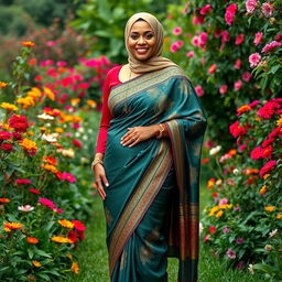 A full-body portrait of a mature Muslim woman radiating confidence, dressed in a tight, sexy saree that elegantly fits her figure, emphasizing her curves with measurements of 36-28-38