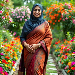 A full-body portrait of a mature Muslim woman radiating confidence, dressed in a tight, sexy saree that elegantly fits her figure, emphasizing her curves with measurements of 36-28-38