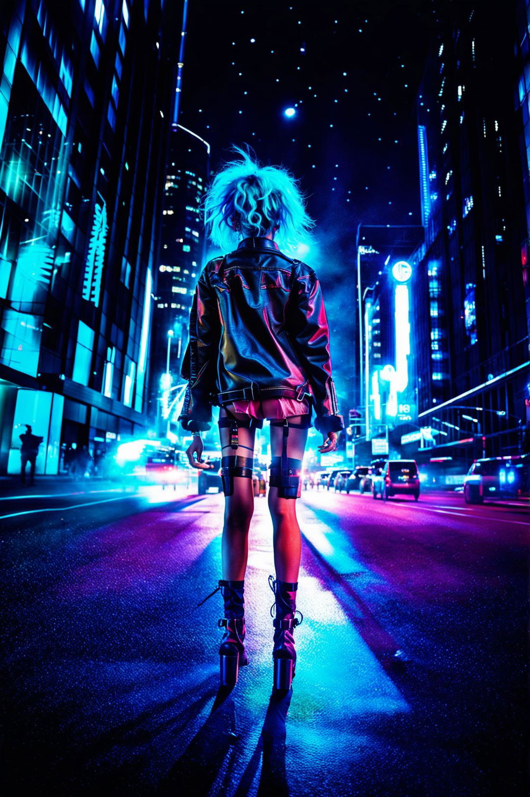 Man Ray style photograph featuring a cyberpunk girl in a neon-lit city, captured through long exposure and wide-angle lens from behind