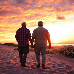 A warm and heartwarming scene of a little boy holding hands with his grandfather, walking along a picturesque beach at sunset