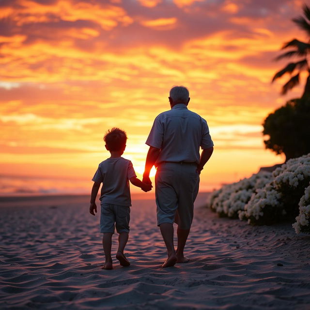 A warm and heartwarming scene of a little boy holding hands with his grandfather, walking along a picturesque beach at sunset