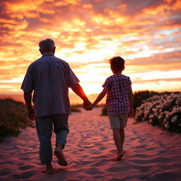 A warm and heartwarming scene of a little boy holding hands with his grandfather, walking along a picturesque beach at sunset