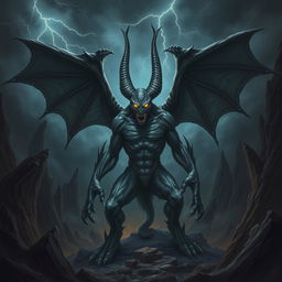 A formidable demon, showcasing its intimidating power with large, bat-like wings spread wide, towering horns protruding from its imposing head, and eyes glowing with an eerie light