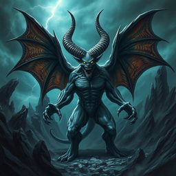 A formidable demon, showcasing its intimidating power with large, bat-like wings spread wide, towering horns protruding from its imposing head, and eyes glowing with an eerie light