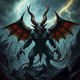 A formidable demon, showcasing its intimidating power with large, bat-like wings spread wide, towering horns protruding from its imposing head, and eyes glowing with an eerie light