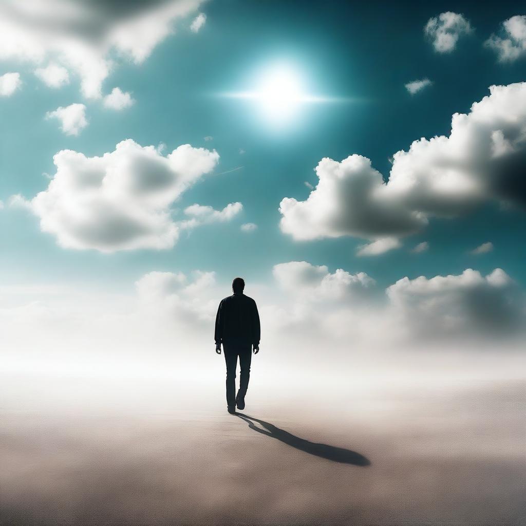 A surreal image of an individual seemingly walking on air, surrounded by the vast expanse of the sky.