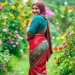 A full-body portrait of a mature Muslim woman radiating confidence, dressed in a tight, sexy saree that beautifully fits her figure, emphasizing her curves with measurements of 36-28-38