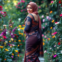 A full-body portrait of a mature Muslim woman radiating confidence, dressed in a tight, sexy saree that beautifully fits her figure, emphasizing her curves with measurements of 36-28-38
