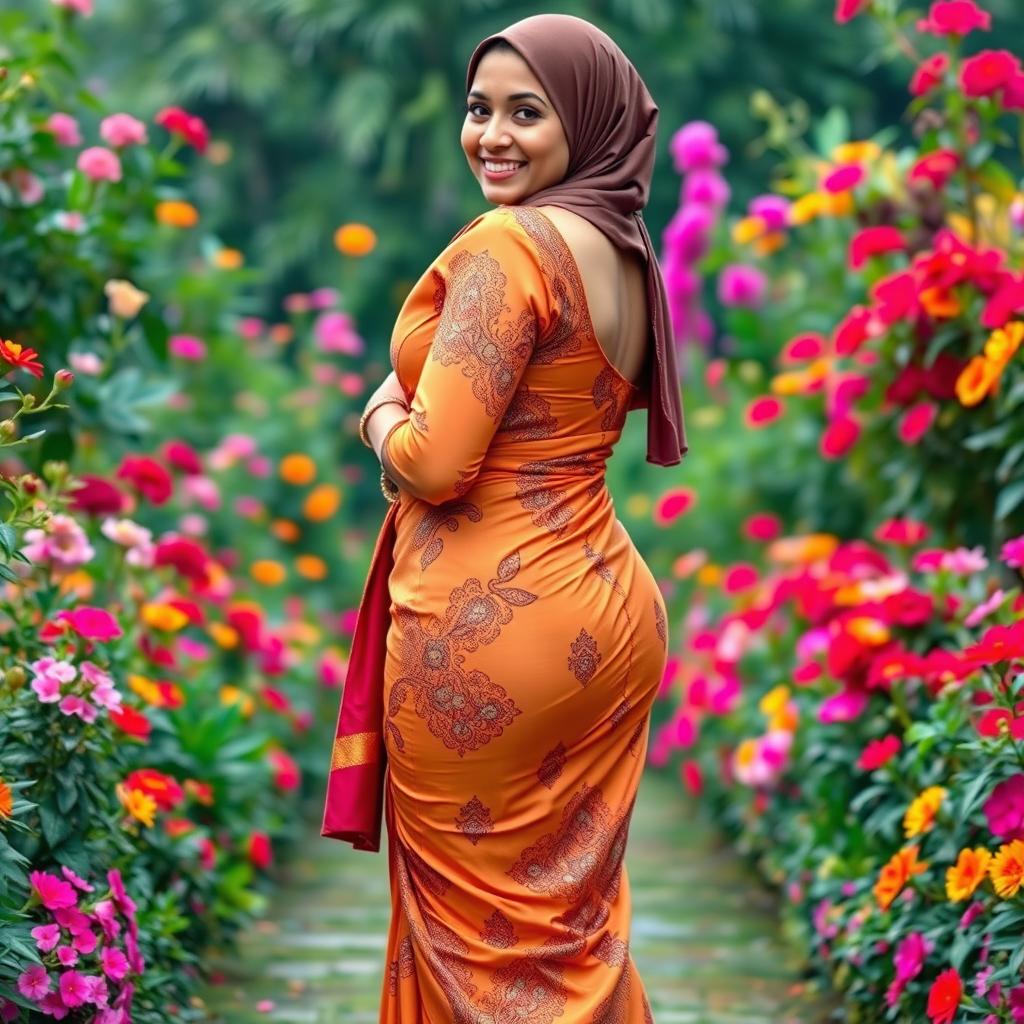 A full-body portrait of a mature Muslim woman radiating confidence, dressed in a tight, sexy saree that beautifully fits her figure, emphasizing her curves with measurements of 36-28-38