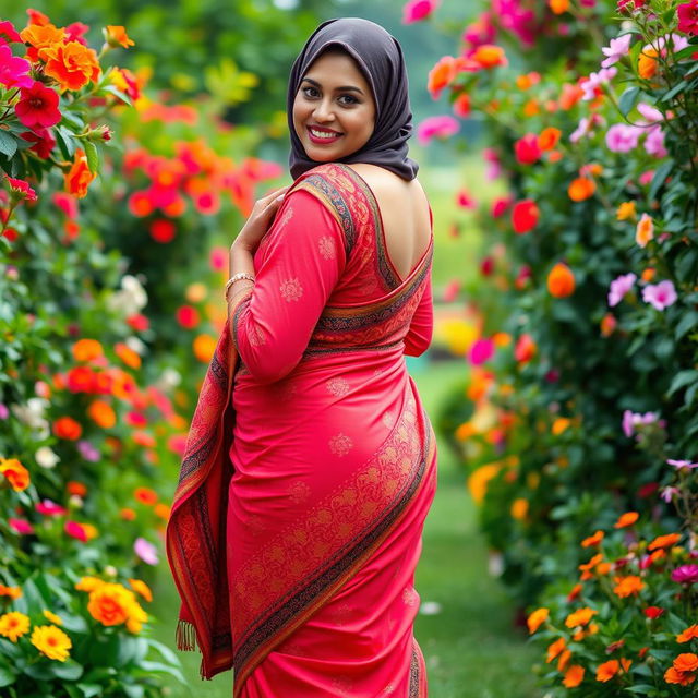 A full-body portrait of a mature Muslim woman radiating confidence, dressed in a tight, sexy saree that beautifully fits her figure, emphasizing her curves with measurements of 36-28-38