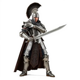 A powerful warrior clad in shining armor with intricate designs, standing confidently against a pure white background