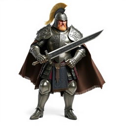 A powerful warrior clad in shining armor with intricate designs, standing confidently against a pure white background