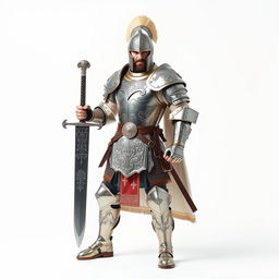 A powerful warrior clad in shining armor with intricate designs, standing confidently against a pure white background