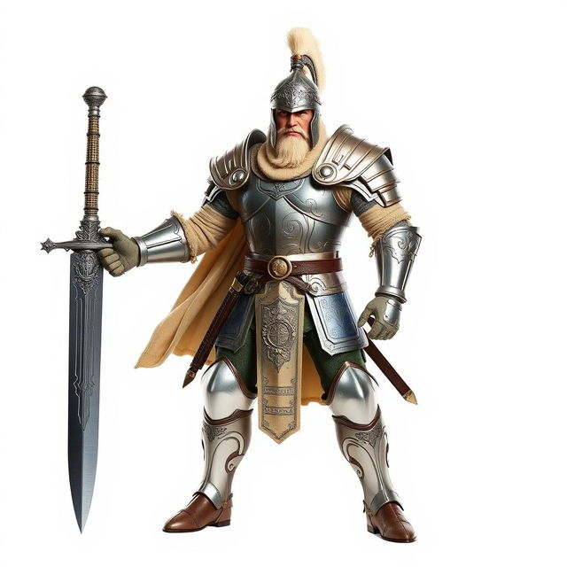 A powerful warrior clad in shining armor with intricate designs, standing confidently against a pure white background