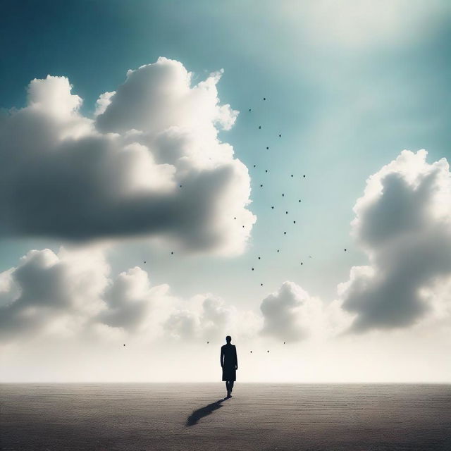 A surreal image of an individual seemingly walking on air, surrounded by the vast expanse of the sky.