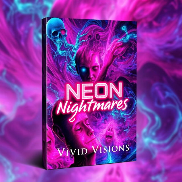 A book cover design for 'Neon Nightmares' by Vivid Visions, featuring abstract and colorful imagery that evokes a sense of psychological horror