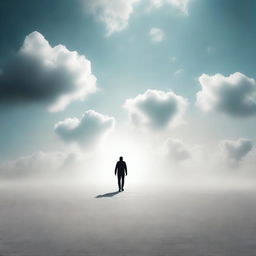 A surreal image of an individual seemingly walking on air, surrounded by the vast expanse of the sky.