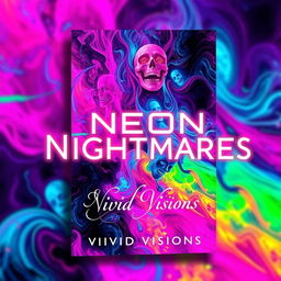 A book cover design for 'Neon Nightmares' by Vivid Visions, featuring abstract and colorful imagery that evokes a sense of psychological horror