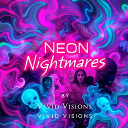 A book cover design for 'Neon Nightmares' by Vivid Visions, featuring abstract and colorful imagery that evokes a sense of psychological horror