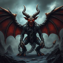 A sinister devil made of interlocking chains, emanating an aura of malevolence, stands menacingly in a dark, foreboding landscape