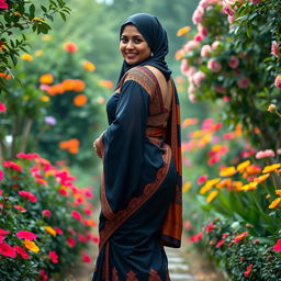 A full-body portrait of a mature Muslim woman exuding confidence, dressed in a tight, sexy saree that hugs her figure perfectly, emphasizing her curves with measurements of 36-28-38