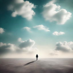 A surreal image of an individual seemingly walking on air, surrounded by the vast expanse of the sky.