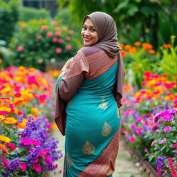 A full-body portrait of a mature Muslim woman exuding confidence, dressed in a tight, sexy saree that hugs her figure perfectly, emphasizing her curves with measurements of 36-28-38