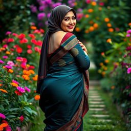 A full-body portrait of a mature Muslim woman exuding confidence, dressed in a tight, sexy saree that hugs her figure perfectly, emphasizing her curves with measurements of 36-28-38