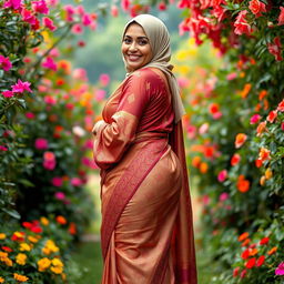 A full-body portrait of a mature Muslim woman exuding confidence, dressed in a tight, sexy saree that hugs her figure perfectly, emphasizing her curves with measurements of 36-28-38