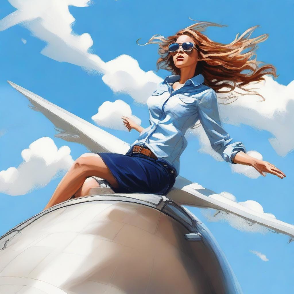 A daring individual nonchalantly sitting on the wing of a flying airplane, wind whipping through their hair against a backdrop of clear blue skies