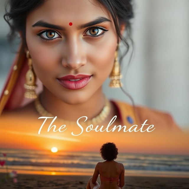 A beautiful Indian woman with very fair skin and mesmerizing hazel eyes, featuring a centre split hairstyle, dressed in a stunning traditional attire