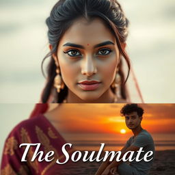 A beautiful Indian woman with very fair skin and mesmerizing hazel eyes, featuring a centre split hairstyle, dressed in a stunning traditional attire