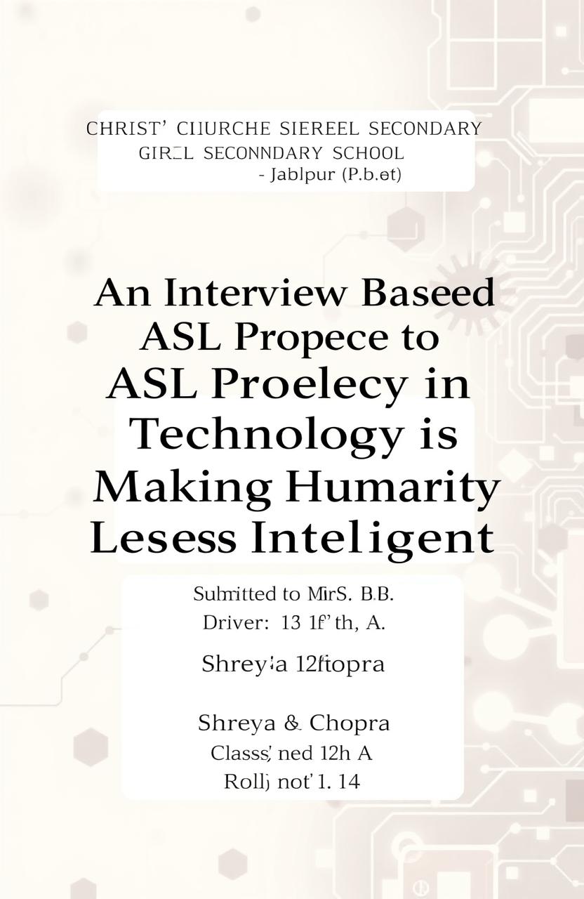 A cover page design for a school project titled 'An Interview Based ASL Project on Dependence of Technology is Making Humanity Less Intelligent'