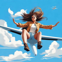 A daring individual nonchalantly sitting on the wing of a flying airplane, wind whipping through their hair against a backdrop of clear blue skies