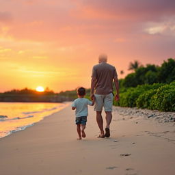 A serene scene of a father and son walking hand in hand along a tranquil beach at sunset