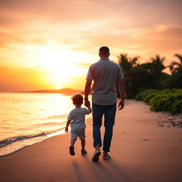 A serene scene of a father and son walking hand in hand along a tranquil beach at sunset