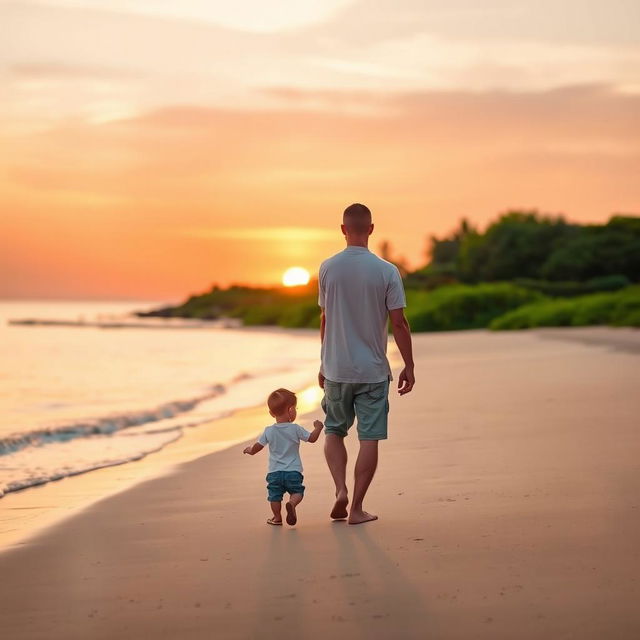 A serene scene of a father and son walking hand in hand along a tranquil beach at sunset