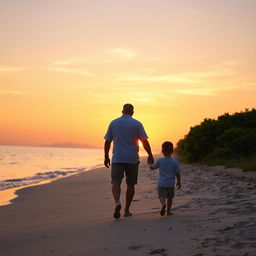 A serene scene of a father and son walking hand in hand along a tranquil beach at sunset